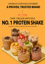 Promotional graphic for ShakeBulby protein shakes, featuring a group of assorted milk-based drinks and smoothies in clear cups on a beige tray against a warm orange background. Large text reads 'CHOSEN BY COUNTLESS CUSTOMERS', 'A PROVEN, TRUSTED BRAND', 'OVER 7 MILLION UNITS SOLD', and 'NO.
