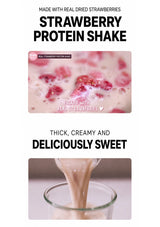Promotional graphic for a strawberry protein shake, with bold black text reading 'STRAWBERRY PROTEIN SHAKE' and 'THICK, CREAMY AND DELICIOUSLY SWEET' on a white background, plus two inset photos showing strawberries in a creamy drink and the shake being poured into a glass.