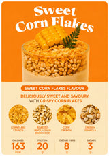 A promotional graphic for Sweet Corn Flakes cereal. The top half has an orange background with the text 'Sweet Corn Flakes' in large white letters above a photo of a glass of cereal topped with corn kernels and a green sprig.
