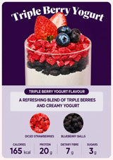 A product information card for Triple Berry Yogurt. The top half features a photo of a layered yogurt cup topped with strawberries and blueberries against a dark purple background with white text reading 'Triple Berry Yogurt'.