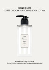Body lotion bottle with pump on a white background, featuring branding and product details.