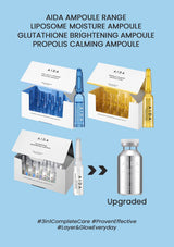 AIDA ampoule range products on a light blue background with text highlighting features.