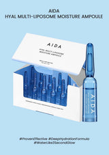 AIDA Hyal Multi-Liposome Moisture Ampoule packaging on a light blue background