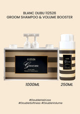 Groom shampoo and volume booster with packaging on a beige background