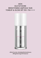 AIDA Glutathione Brightening Ampoule Sun Toneup & Glow SPF 50+ PA++++ on a pink background