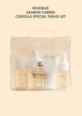 HEVEBLUE Salmon Caring Centella Special Travel Kit, including a bubble cleanser, toner, ampoule, and cream in a transparent plastic packaging with a handle.