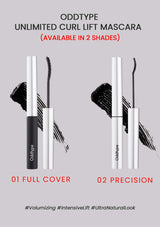 Two bottles of Oddtype Unlimited Curl Lift Mascara with black and white design on a gray background.