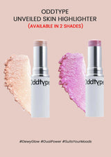 TwoOddtype skin highlighters with swatches on a beige background