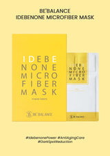 Be'Balance Idebenone Microfiber Mask packaging on a yellow background