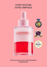Every Routine Estro Ampoule bottle with red liquid on a pink background, featuring awards and product benefits text.