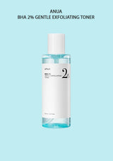 Bottle of ANUA BHA 2% Gentle Exfoliating Toner on a light blue background