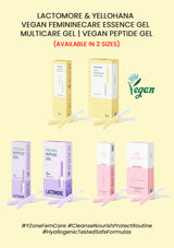 The image shows packaging of three different intimate care gels by LACTOMORE & YELLOHANA. From left to right, the gels are yellow, purple, and pink in color, corresponding to different product names and purposes.