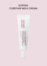 Kopher Curepair Mela Cream tube on a pink background