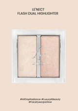 A compact dual highlighter by LE'NECT, with the shades 'Champagne Shimmer' and 'Glitter Shower', shown in an open case with a mirror.