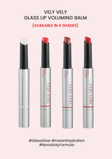 Four Vely Vely glass lip voluming balms on a light pink background with product details.