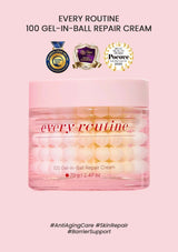 Pink jar of 'every routine' gel-in-ball repair cream on a pink background with awards displayed.