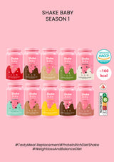 Multiple bottles of 'Shake Baby' on a pink background with certification logos.