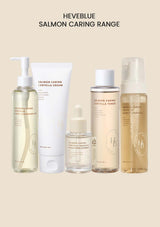 Set of skincare products from the Heveblue Salmon Caring Range on a beige background