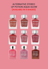 Lip Potion bottles with 'Alternative Stereo Lip Potion Aqua Glow' text on a pink background