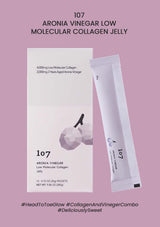 Packaging of 107 Aronia Vinegar Low Molecular Collagen Jelly showing a stick of the jelly and text detailing the product's benefits and ingredients.