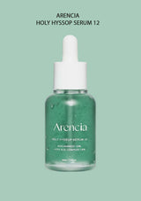 Green serum bottle with white dropper labeled 'Arencia' on a light green background