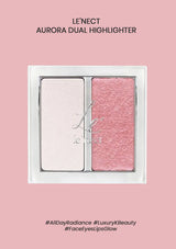 LE'NECT Aurora Dual Highlighter makeup pan with two rectangular pans, one matte pale pink and one shimmering rose pink, shown on a solid pink background with product text and hashtags.