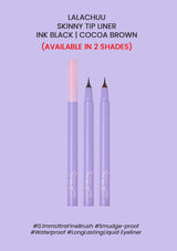 Lalachuu skinny tip liner with ink black and cocoa brown on a purple background