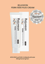 Two tubes of Rejuveon PDRN 1000 Plus Cream on a peach background with brand logo and text.