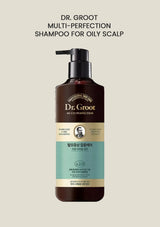 A bottle of Dr. Groot Multi-Perfection Shampoo for Oily Scalp with a pump dispenser, 400ml size.