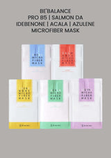 Set of microfiber masks with color-coded labels on a gray background