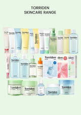 A variety of Torriden skincare products displayed against a green background, including cleansing foams, mask sheets, multi-pad treatments, toners, serums, and moisturizers.