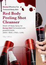 Red body peeling shot cleanser packaging with text and product images.