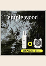 Two perfume bottles with text 'Temple wood' and '99% Accurate Clones' on a nature-themed background.