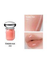 Lipstick with 'Tender Hue 332' label and close-up of lip color on a white background
