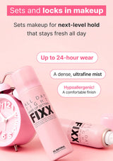 Pink makeup setting spray bottle with text on a pink background