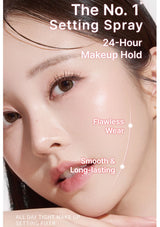 Advertisement for a setting spray with a close-up of a person's face, highlighting features like 'Flawless Wear' and 'Smooth & Long-lasting'.