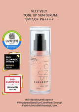 Vely Vely Tone Up Sun Serum with awards on a pink background