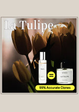 Two perfume bottles with 'La Tulipe' branding and tulip flowers in the background.