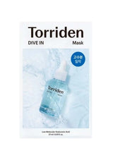 Packaging of Torriden skincare products, including a cleansing foam, mask, toner, and serum, with a blue and white design featuring hyaluronic acid.