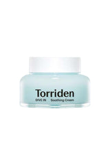 A container of Torriden Dive In Soothing Cream, which is a skincare product with a light blue label and clear contents.