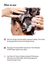 Person applying salt to their hair with text instructions on how to use it.