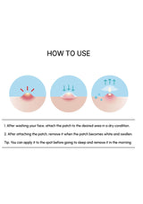 Instructions on how to use a patch, shown with three labeled illustrations of skin with redness.