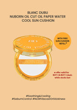Oil cut oil paper water cool sun cushion with promotional text on a beige background