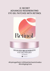 A box of K-SECRET Advanced Regenerating Eye Gel Patches with Retinol. The packaging is predominantly pink and white, with text and branding.