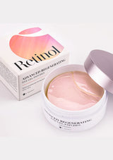 A box of K-SECRET Advanced Regenerating Eye Gel Patches with Retinol. The packaging is predominantly pink and white, with text and branding.