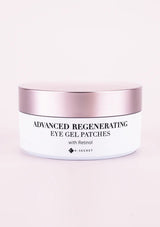 A box of K-SECRET Advanced Regenerating Eye Gel Patches with Retinol. The packaging is predominantly pink and white, with text and branding.