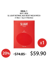 Red packaging of SLIGHT neck patch with promotional text and discount details on a white background