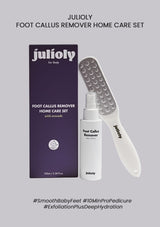 Packaging and product display of the JuliOly Foot Callus Remover Home Care Set, including a stainless steel foot file and a spray bottle labeled for foot care.
