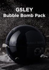 Packaging of GSLEY Bubble Bomb Pack which is a black spherical container with product details in white and red text, presented alongside its box which has similar color scheme and branding.
