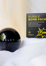 Packaging of GSLEY Bubble Bomb Pack which is a black spherical container with product details in white and red text, presented alongside its box which has similar color scheme and branding.